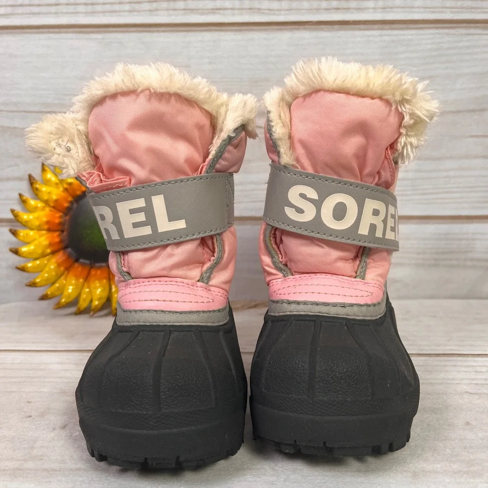 Sorel Snow Commander Toddler Boots Pink Black Waterproof Faux Fur Size 6